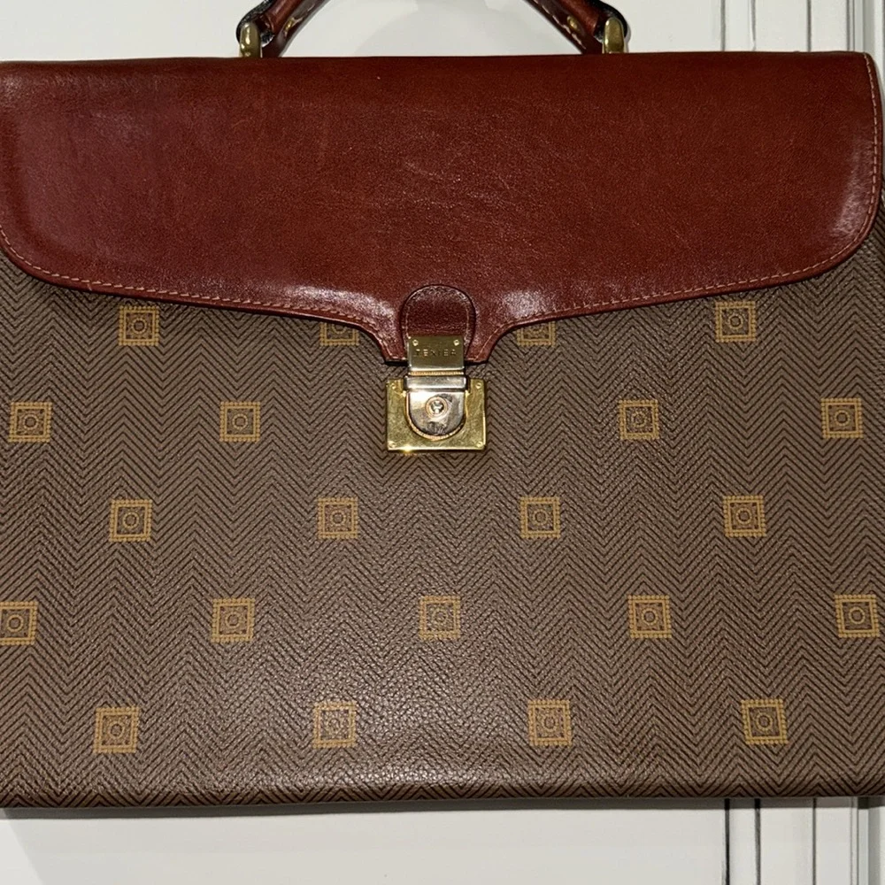 Vintage Texier Brown leather Italian briefcase laptop travel bag man-purse gold